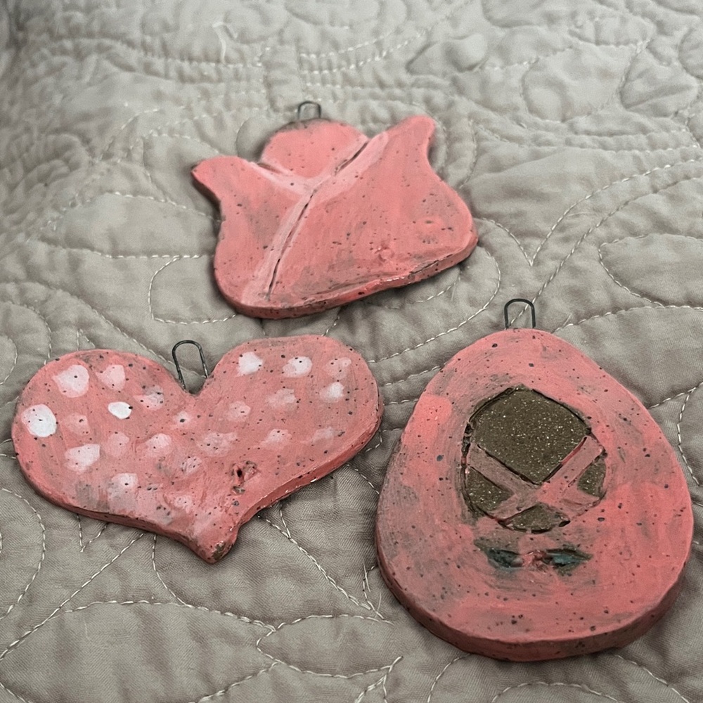 Handcrafted Pink Clay Ornaments; tulip, heart and ballet slipper with hooks!
